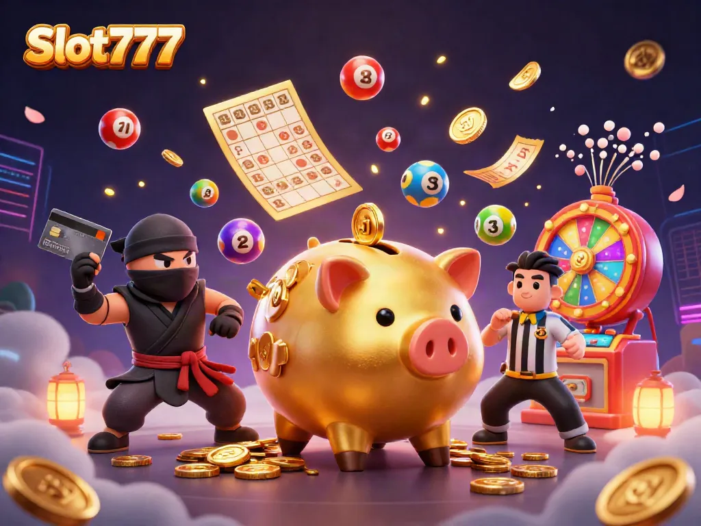 Engage with Slot777 as a golden piggy bank sumo wrestler spins coins and vibrant lottery balls burst in dynamic action.