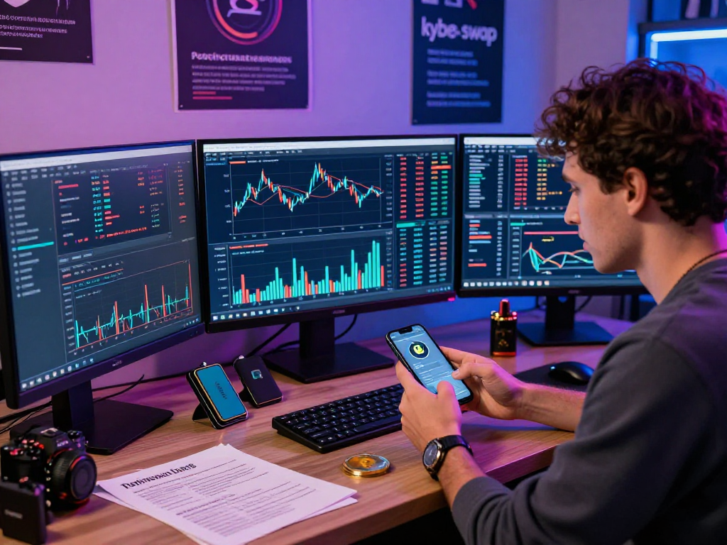 Engaged trader analyzing market data on kyber-swap in a vibrant digital setup.