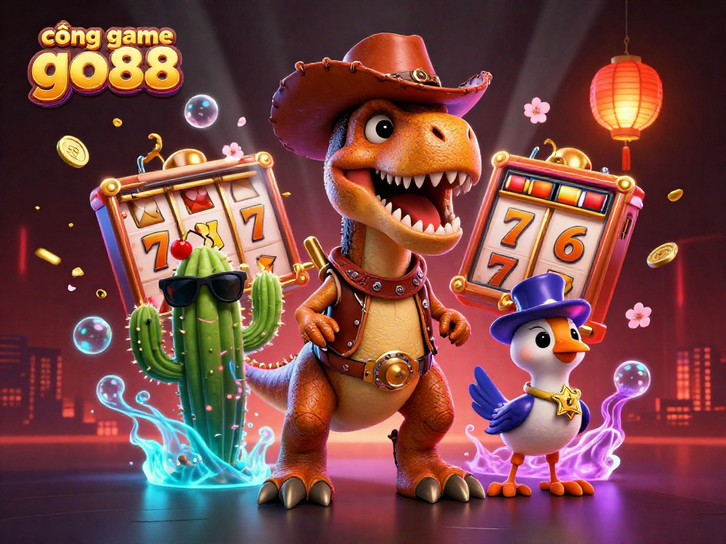 Join the excitement at cổng game go88 with vibrant characters, spinning slots, and dynamic casino elements!