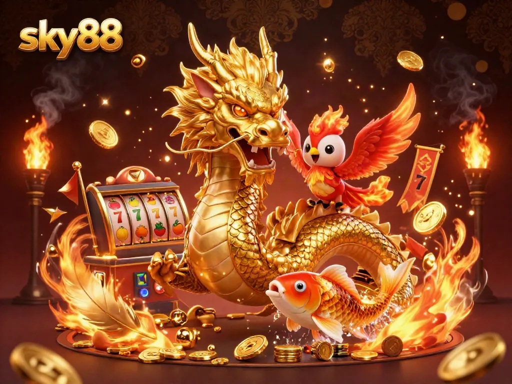Engage with exciting slots at sky88 featuring a golden dragon and lucky koi fish in an animated casino scene.