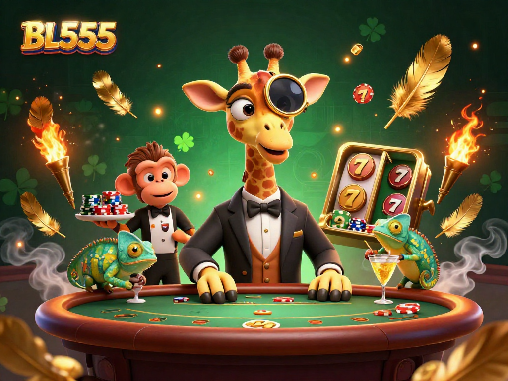 Experience top-tier gaming at BL555 with a vibrant casino scene featuring a high-roller giraffe and dynamic elements.
