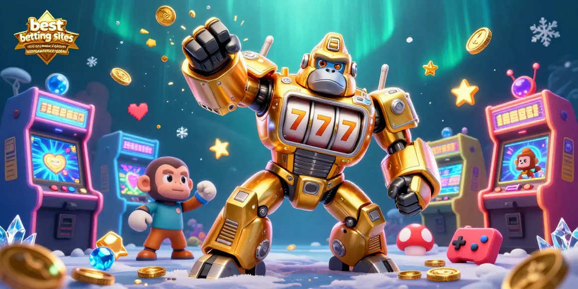 Admiring the best betting sites not on gamstop / bookies not on gamstop guide with a 3D golden gorilla mech in a vibrant casino scene.