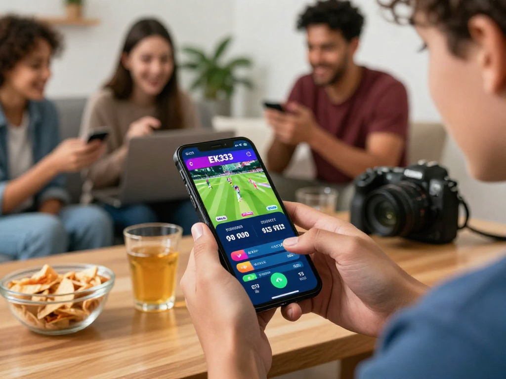 Engaged user enjoying live betting on EK333 mobile app during a cricket match, showcasing real-time odds and vibrant app graphics.