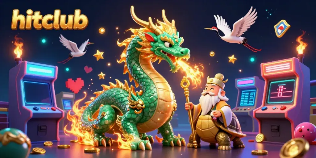 Experience exhilarating gameplay at hitclub with a vibrant dragon, sage, and lucky cranes in a dazzling casino scene.