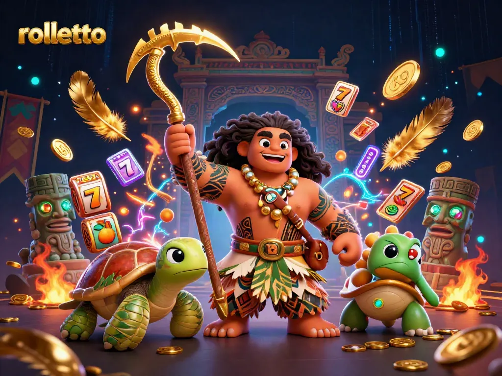 Engage with rolletto's vibrant casino atmosphere featuring a demigod and turtle in an exciting slot scene.