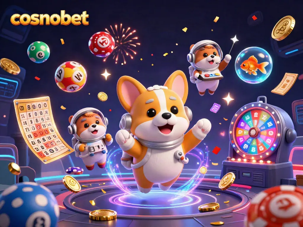Experience thrilling gameplay with Cosmobet's exciting casino and lottery games in a vibrant 3D scene.