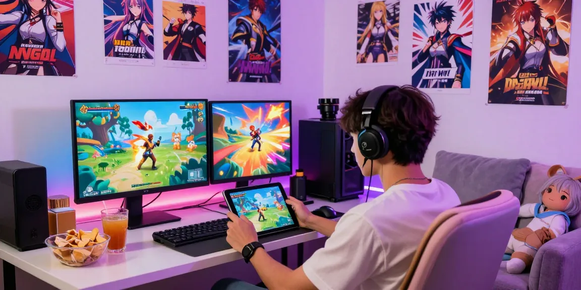 Engaging scene of a player enjoying a hentai game on a tablet, vibrant graphics and cozy gaming setup.