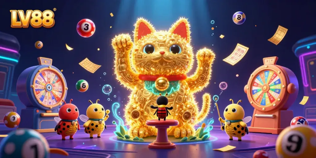 Experience the excitement of LV88 with golden fireflies and vibrant gaming elements