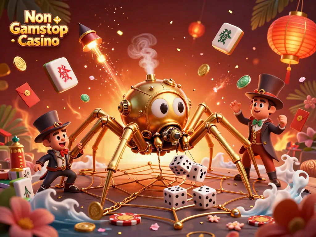 Engage with the vibrant world of Non Gamstop Casino featuring a steampunk spider and rich gaming elements.