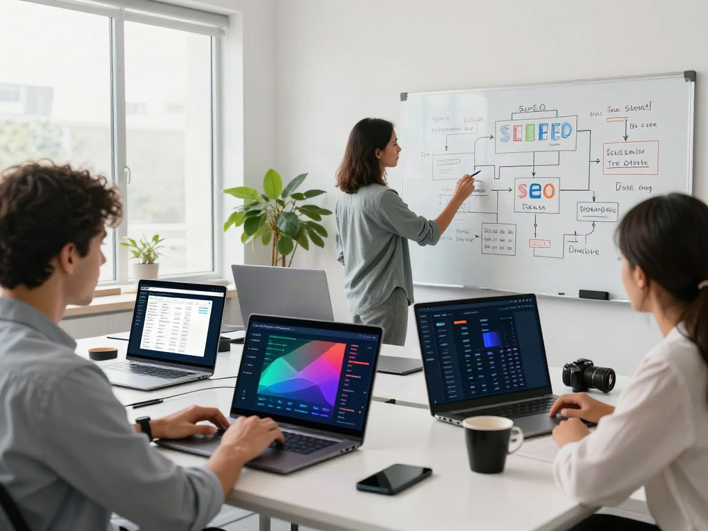 SEO specialists collaborating on instant indexing strategies in a modern office.