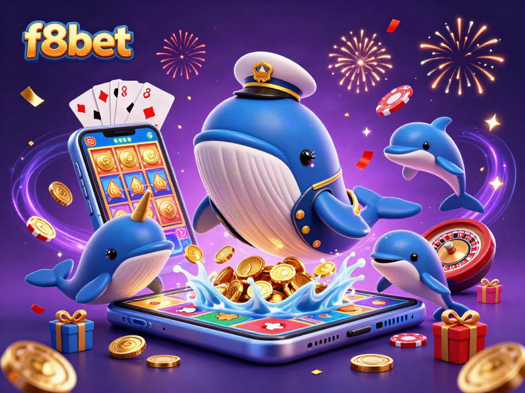 Engage in thrilling casino adventures with f8bet, featuring a cartoon whale and playful dolphins.