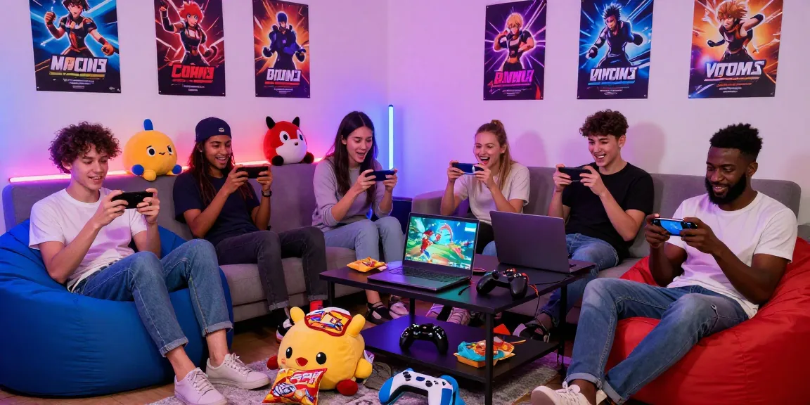Group enjoying ecchi games in a vibrant gaming space with glowing lights.