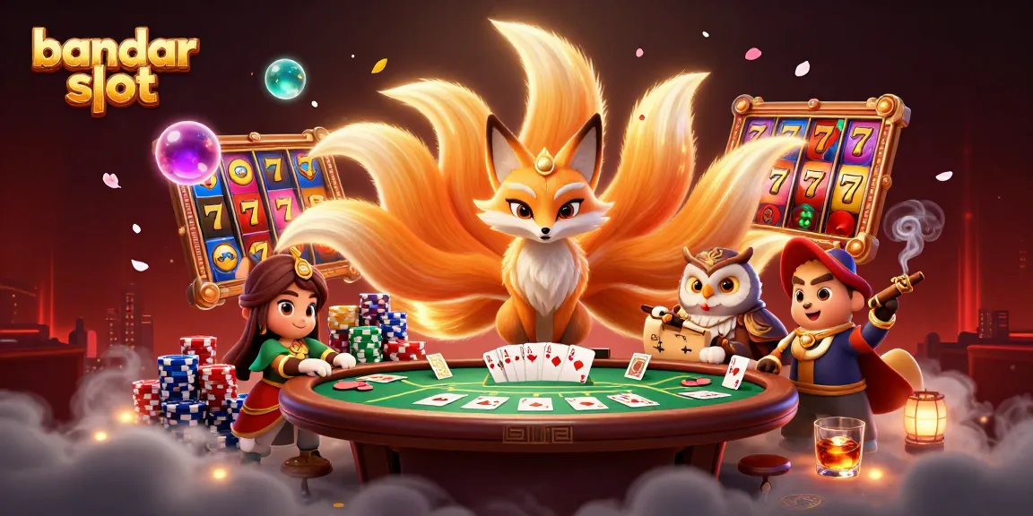 Experience the thrill of bandar slot with a glowing nine-tailed fox, poker chips, and slot reels in this vibrant scene.