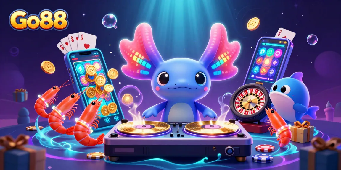 Go88 brings vibrant gaming energy with a neon axolotl DJ amidst vivid slot game elements and underwater motifs.