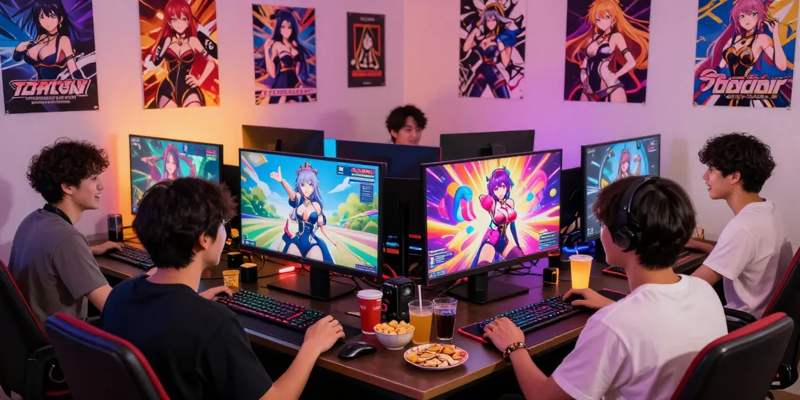 Players immersed in an ecchi game, showcasing colorful screens and vibrant atmosphere.