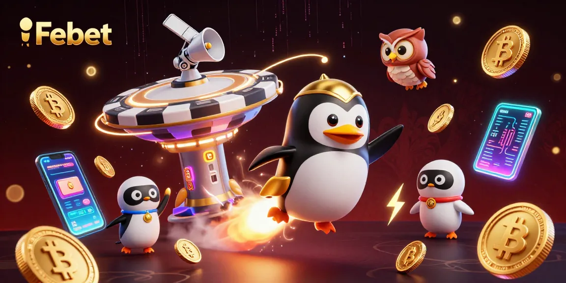 Experience the thrill of Febet with a dynamic casino-themed 3D scene featuring a golden penguin and crypto elements.
