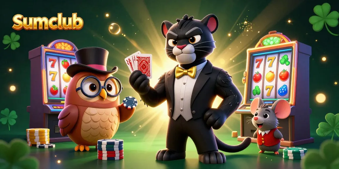 Engage with sumclub's thrilling card game scene featuring a tuxedo panther, charming owl, and lucky mouse.
