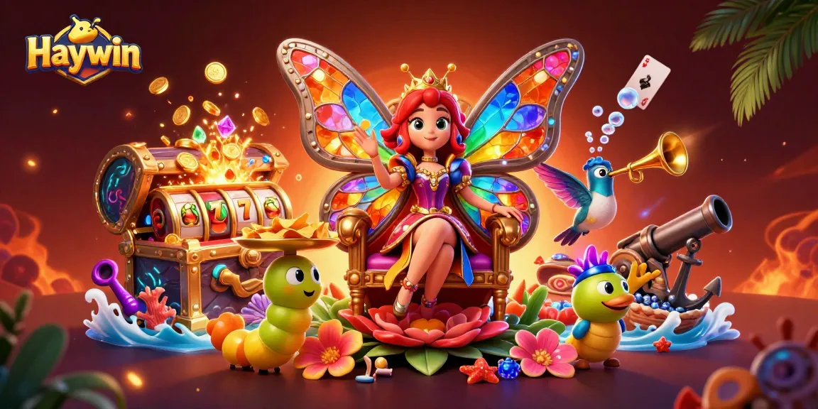 Experience Haywin with a vibrant 3D illustration showcasing an enchanting butterfly queen and lively gaming elements.