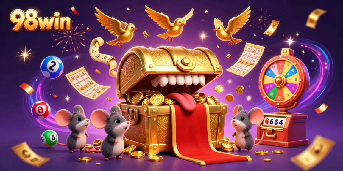 Join the excitement at 98win with a vibrant scene of casino treasures and lively game elements.