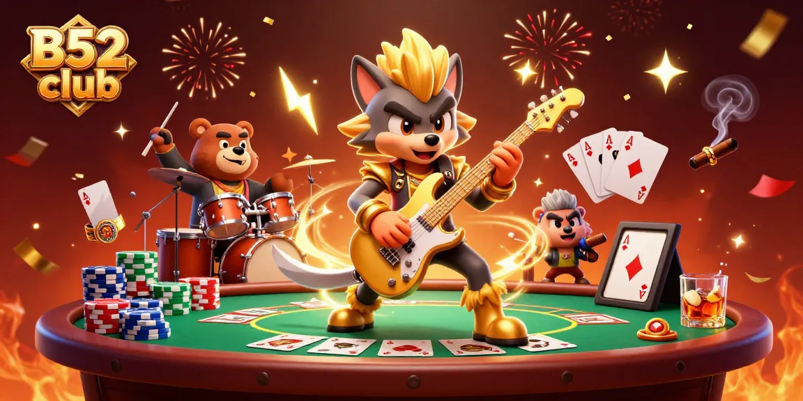 B52 club energizes players with an exciting casino stage featuring a cartoon wolf rock star and dynamic elements.