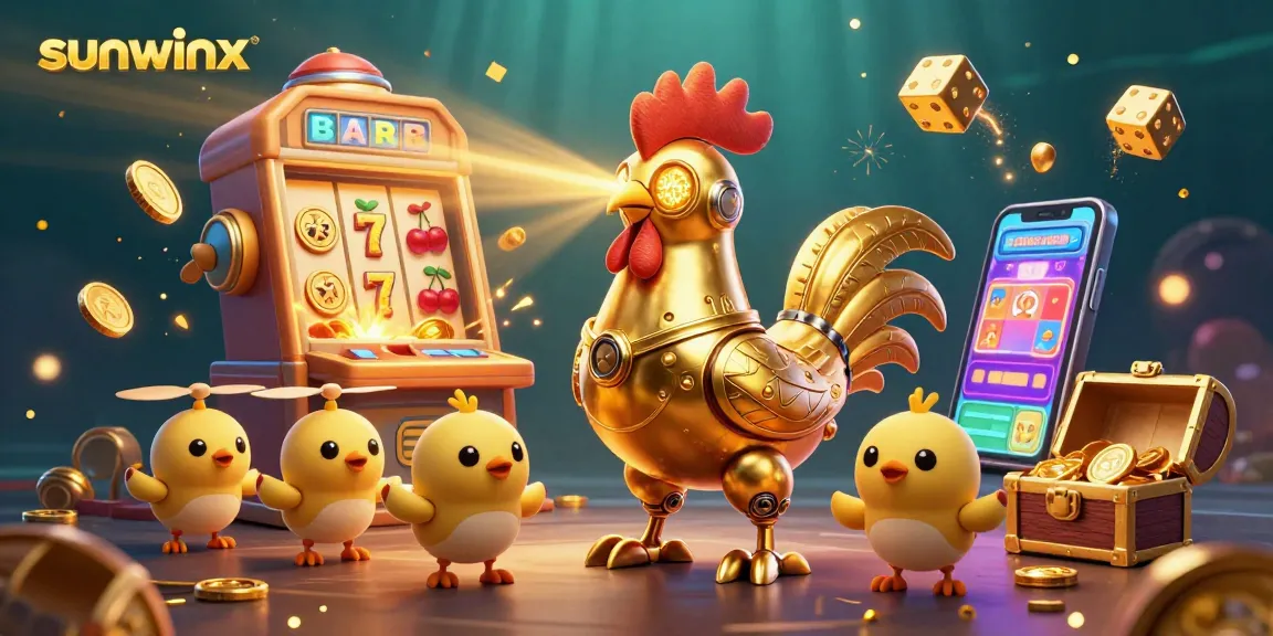 Experience the excitement of sunwinx with a dynamic 3D family of a golden rooster robot shooting laser beams amidst a vibrant casino scene.