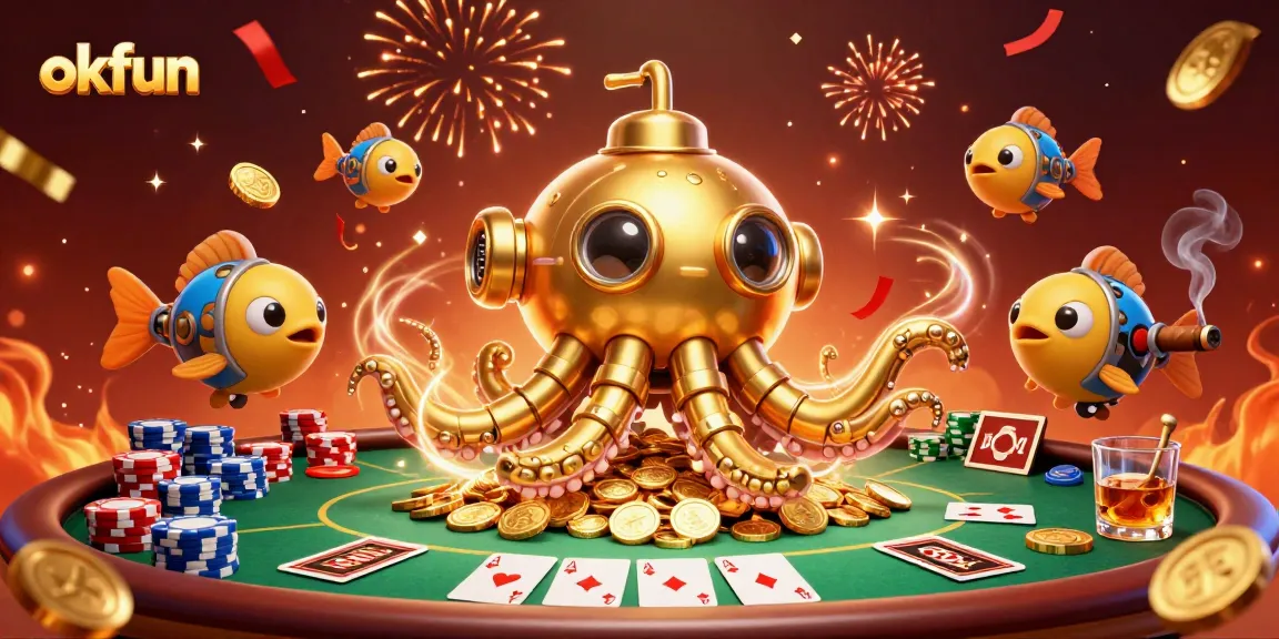 okfun showcases a golden kraken submarine surrounded by vibrant casino elements in a dynamic gambling setting.