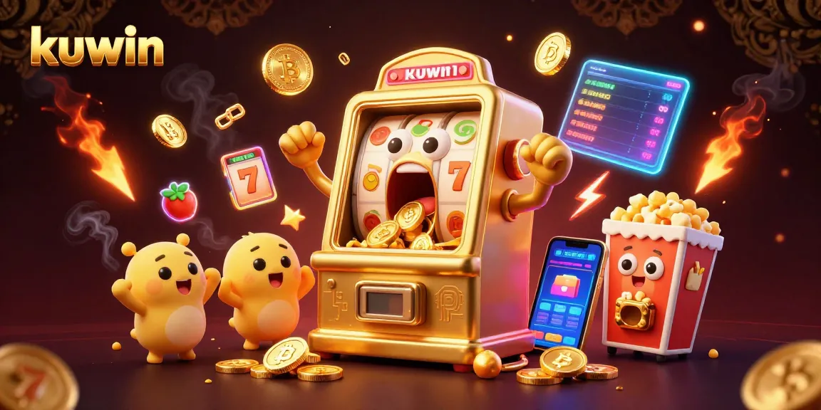 Kuwin slot machine triumphs with jackpots and cheers amidst vibrant crypto-themed backdrop.
