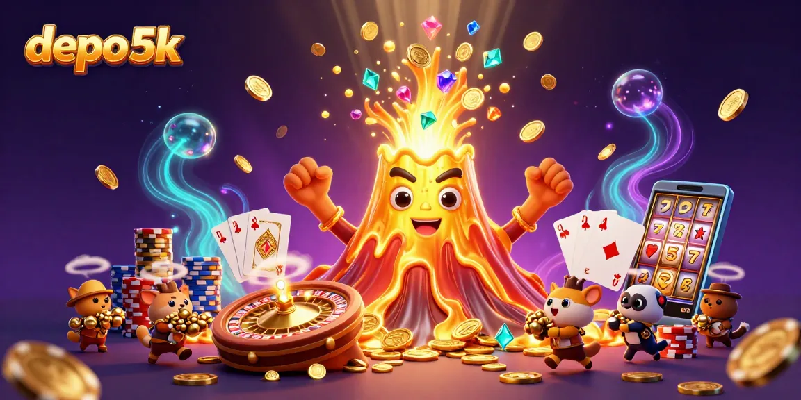 Engage in thrilling gameplay at depo 5k with a vibrant casino scene featuring a golden volcano and treasures.