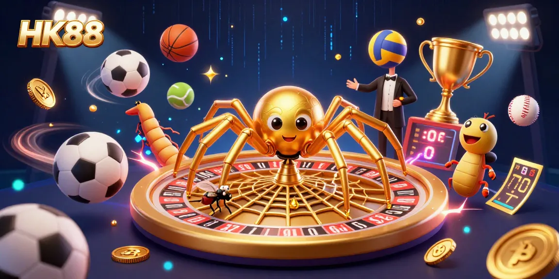 Engage with HK88's thrilling betting scene featuring a spider and centipede in a roulette-inspired web.