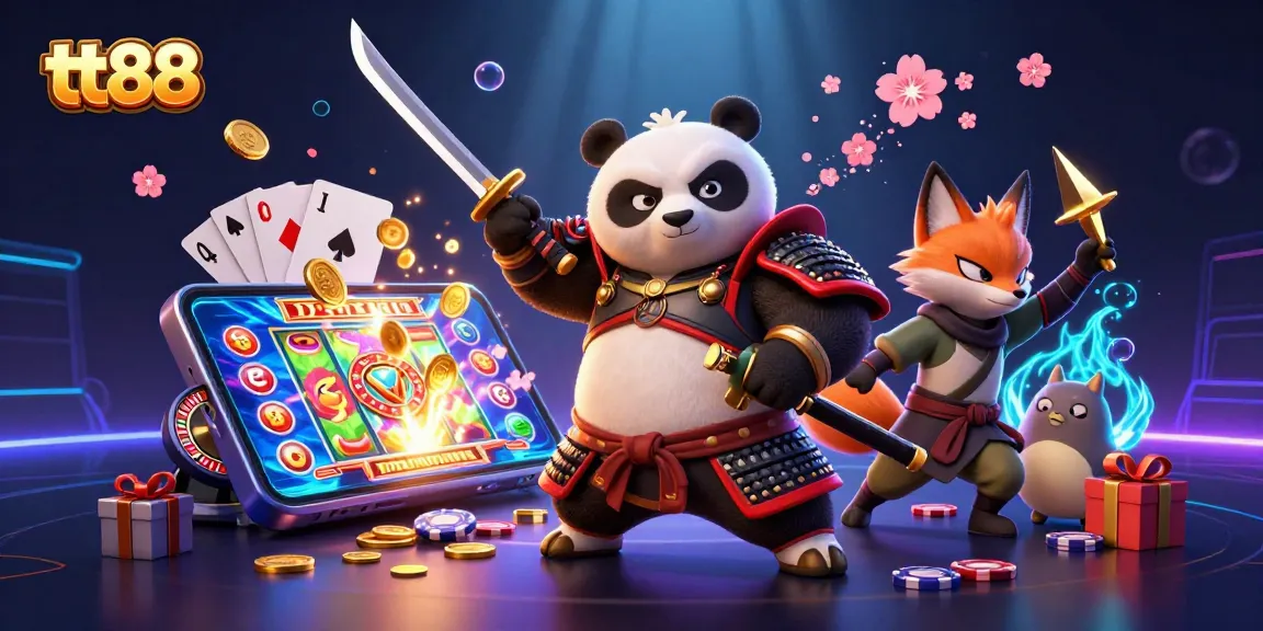 Play exciting slot games at tt88 with a fierce samurai panda, ninja fox, and magical tanuki in action.