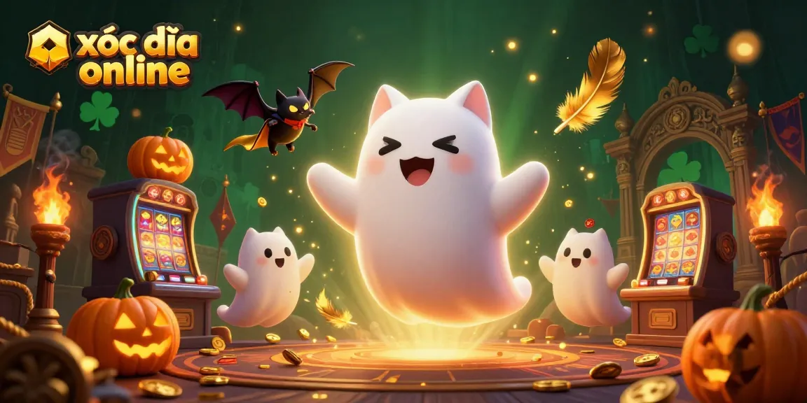 Experience thrilling xóc đĩa online adventures with a playful ghost cat and vampire bat in a haunted casino.