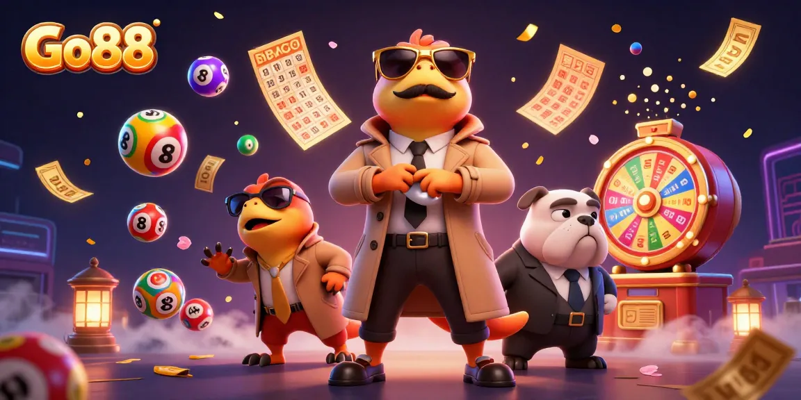 Go88 brings luck with raptors in a trench coat, colorful lottery balls, and a VIP casino entrance.