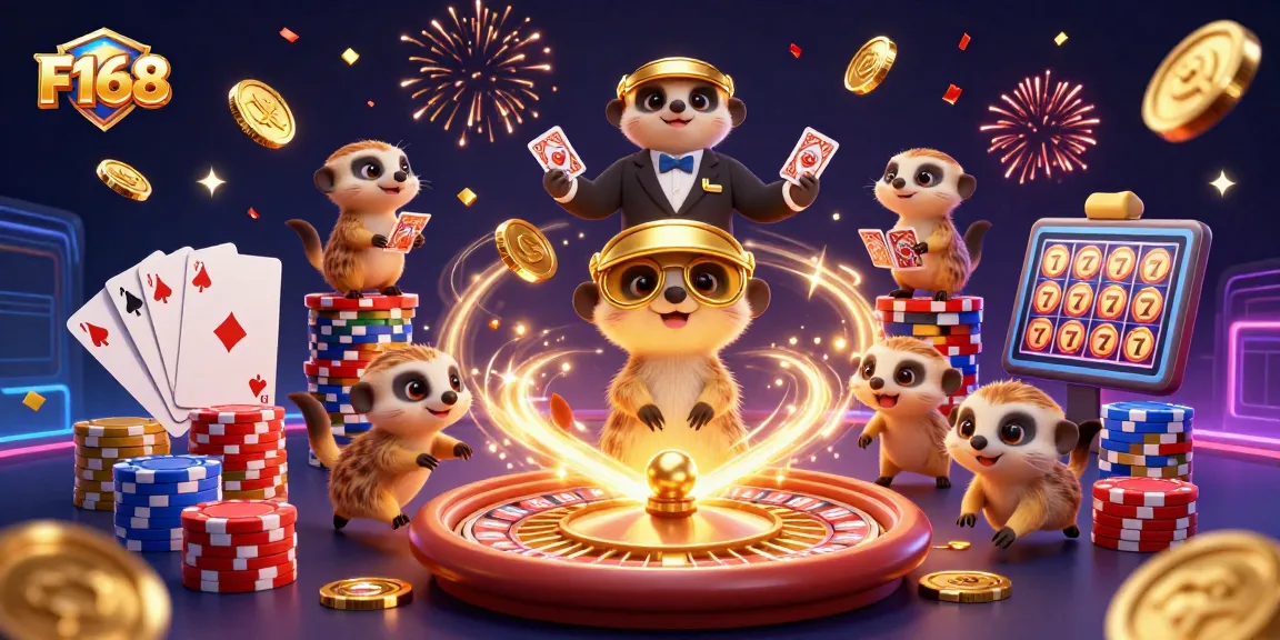 Experience the thrilling allure of F168 with meerkats managing a lively casino filled with games and treasures.