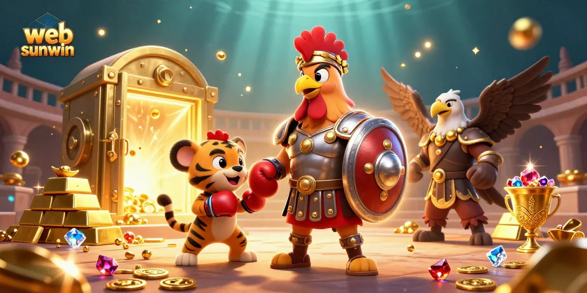 Engage with web sunwin at this lively 3D illustration, showcasing a rooster and tiger cub in a vibrant casino arena.