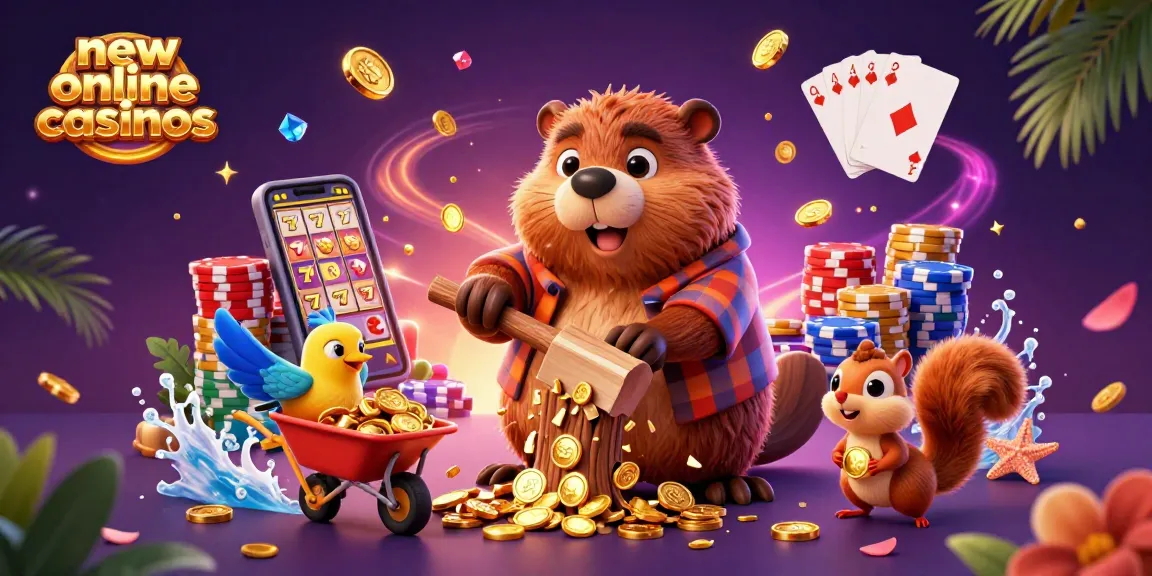 Discover the thrill of new online casinos with a beaver, bird, and squirrel collecting golden coins.
